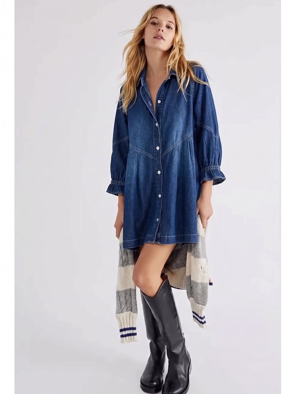 Free People Western Yoke Bohemian Hannah Denim Swing Mini Dress Dark Wash Medium